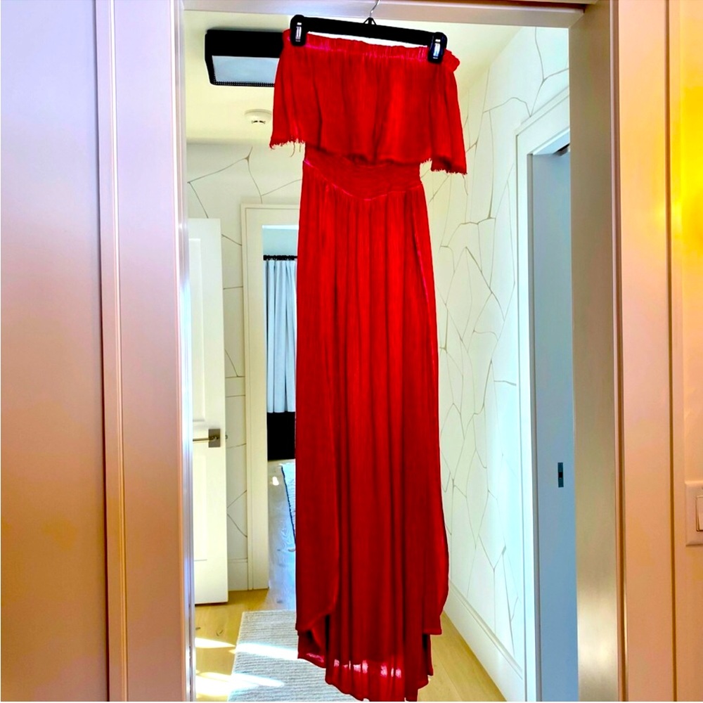 Rip Curl Strapless Maxi Dress Side Slits Smocked Waistline Size Medium Red